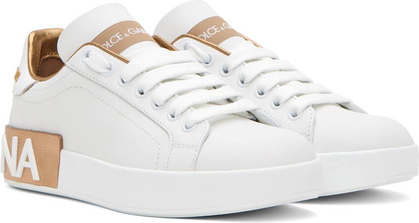 Dolce & Gabbana White & Gold Portofino Low Sneakers