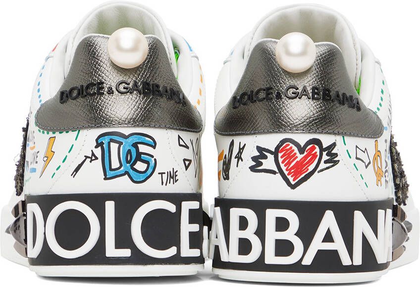 Dolce & Gabbana White Embroidery & Studs Portofino Sneakers