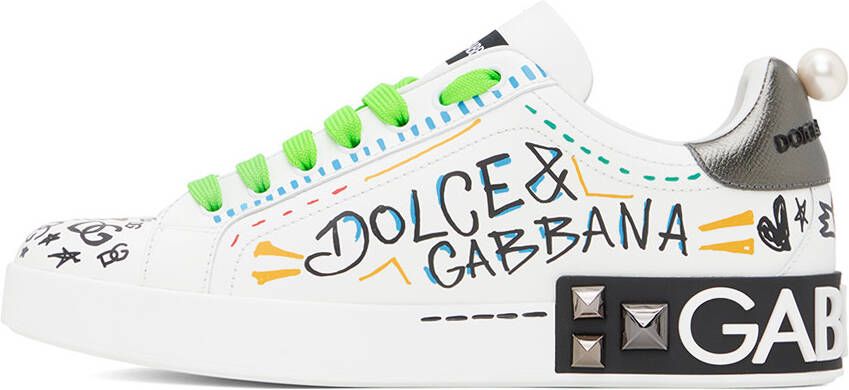 Dolce & Gabbana White Embroidery & Studs Portofino Sneakers