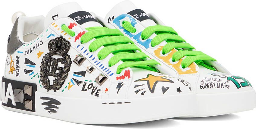 Dolce & Gabbana White Embroidery & Studs Portofino Sneakers