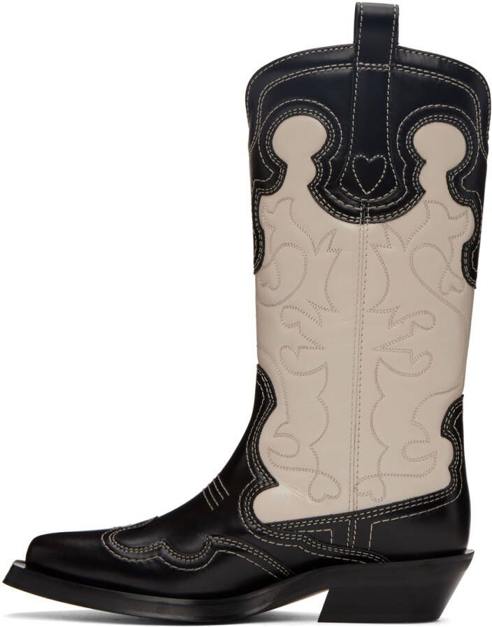 GANNI Black & Off-White Embroidered Western Mid-Calf Boots