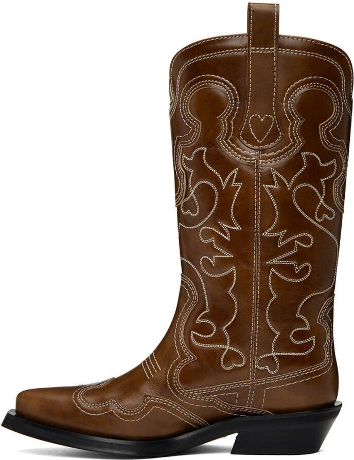 GANNI Brown Embroidered Western Boots