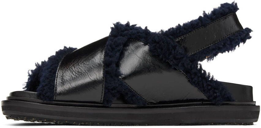 Marni Black & Navy Shearling Fussbett Sandals
