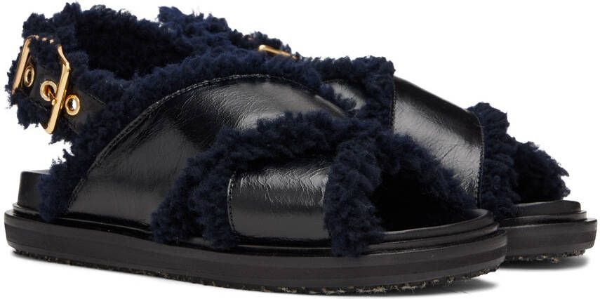 Marni Black & Navy Shearling Fussbett Sandals