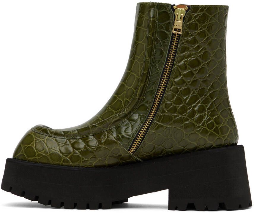 Marni Green Croc-Embossed Platform Ankle Boots