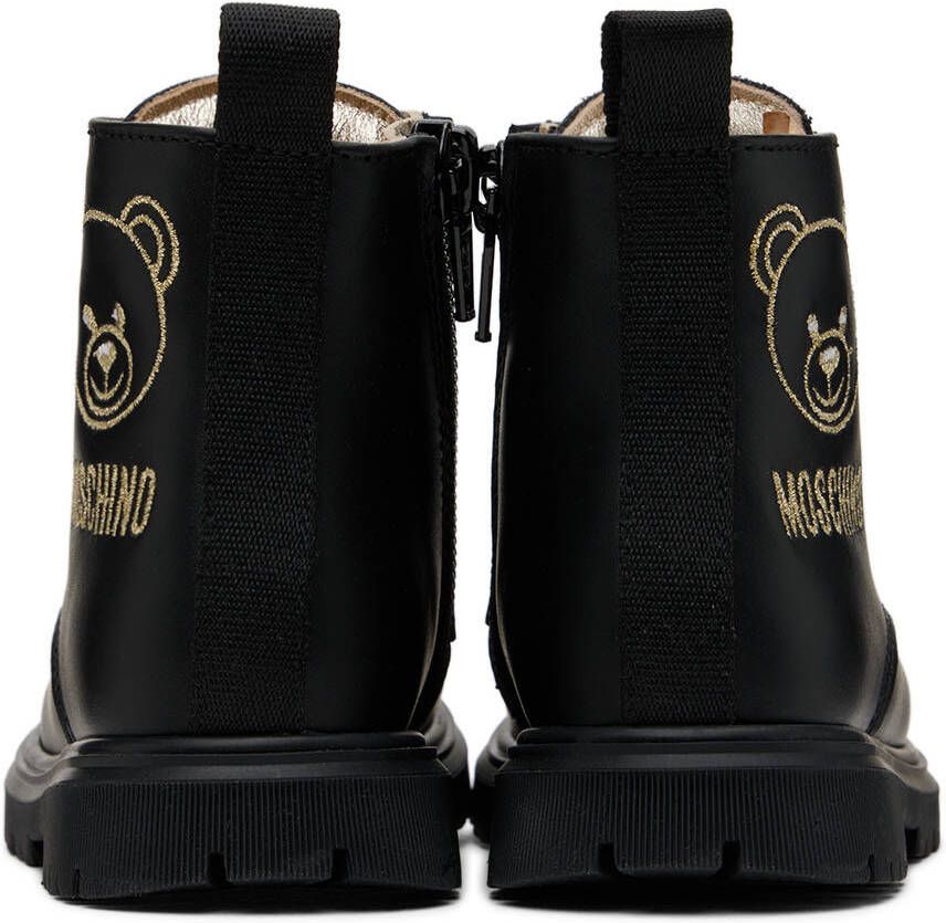 Moschino Baby Black Teddy Embroidery Combat Boots