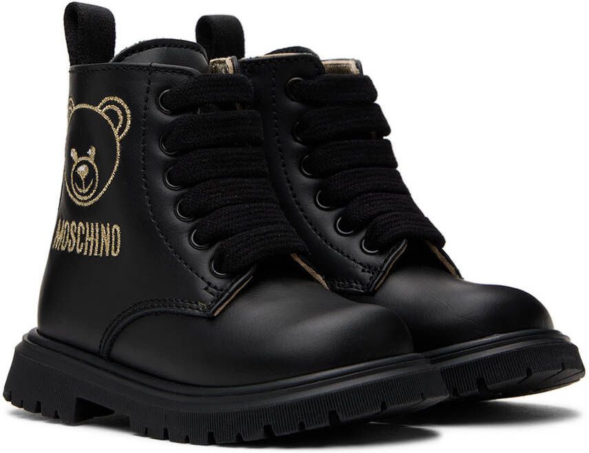 Moschino Baby Black Teddy Embroidery Combat Boots