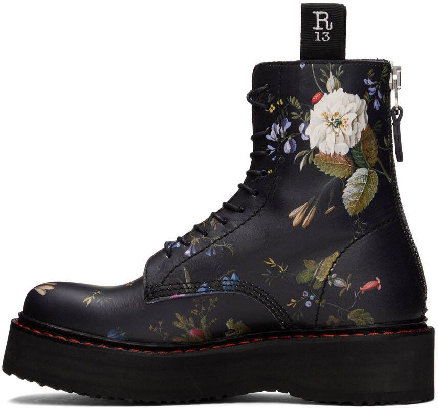 R13 Black Floral Single Stack Platform Lace-Up Boots