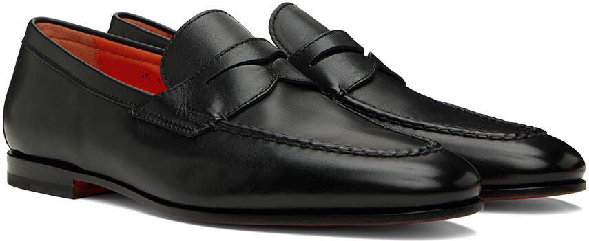 Santoni Black Leather Penny Loafers