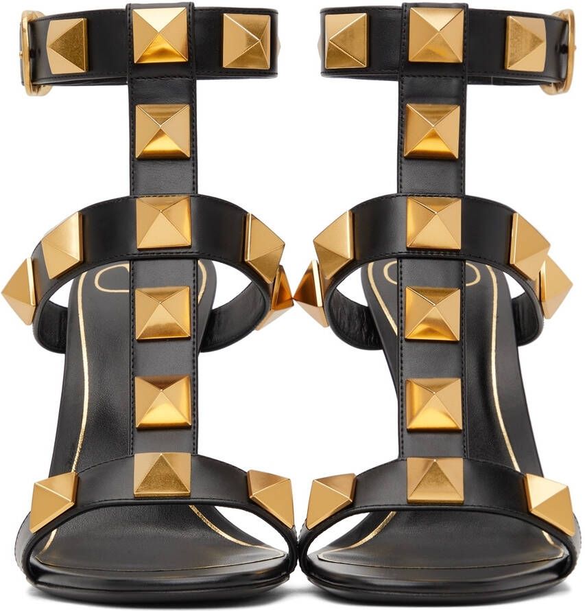 Valentino Garavani Black Calfskin Roman Stud 100 Heeled Sandals