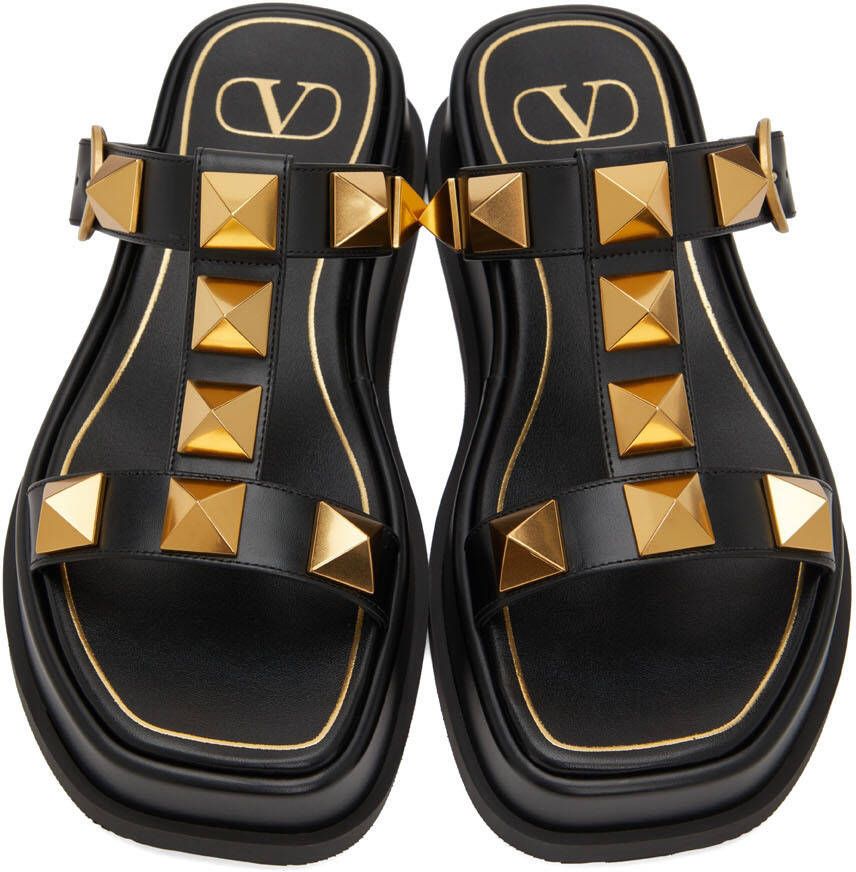 Valentino Garavani Black Platform Roman Stud Slide Sandals
