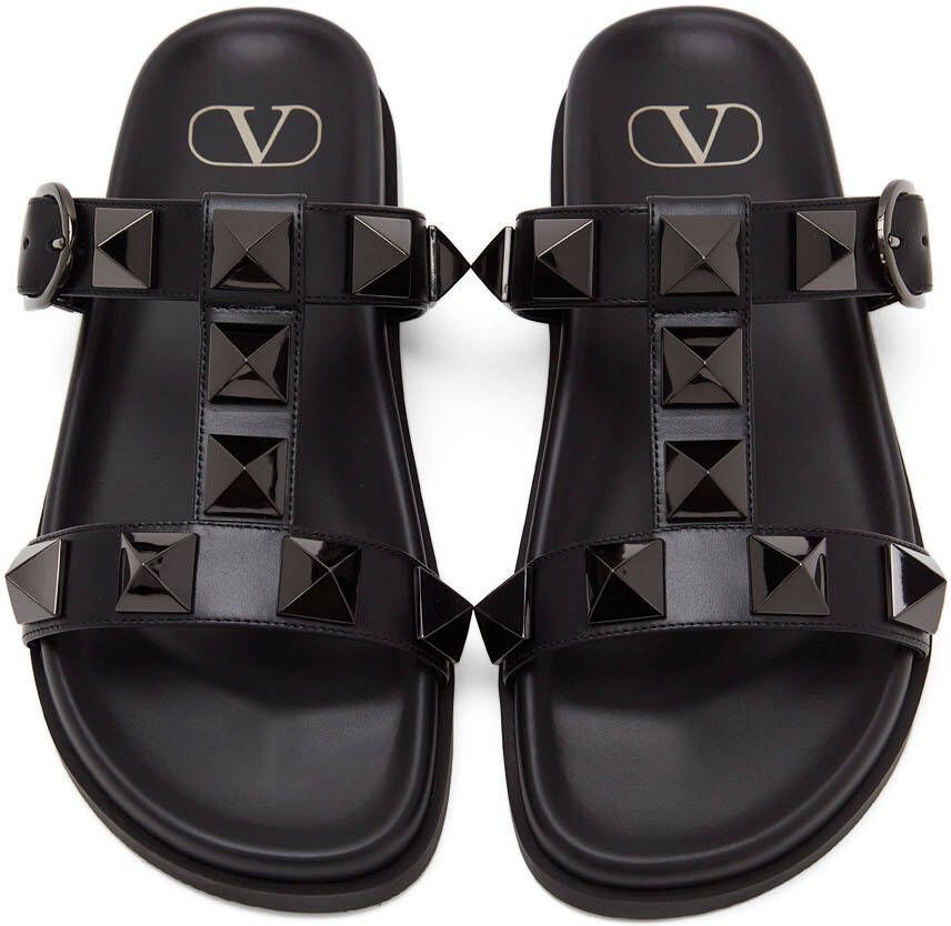Valentino Garavani Black Roman Stud Flat Slide Sandals