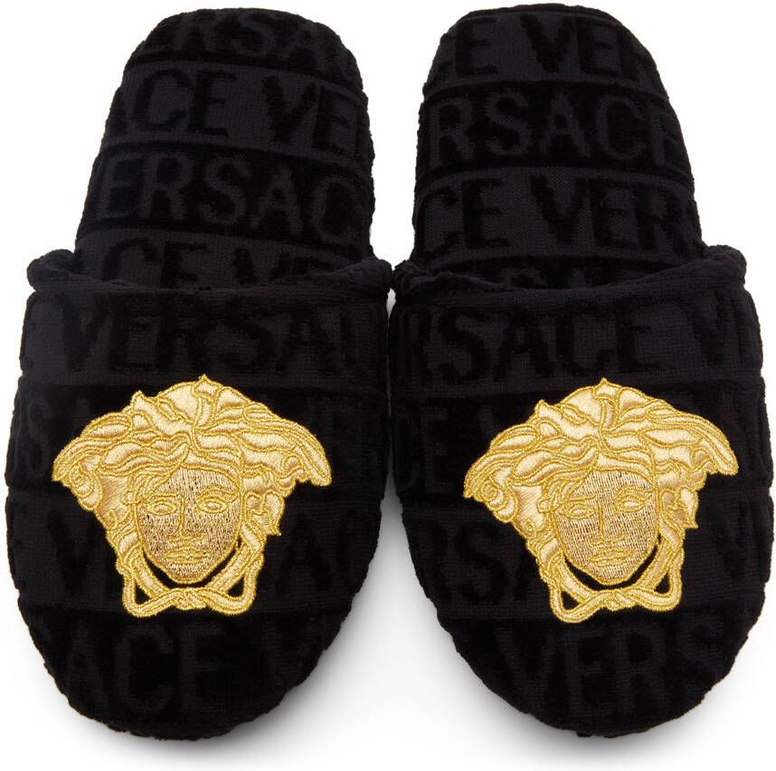 Versace Black & Gold Medusa Head Slippers
