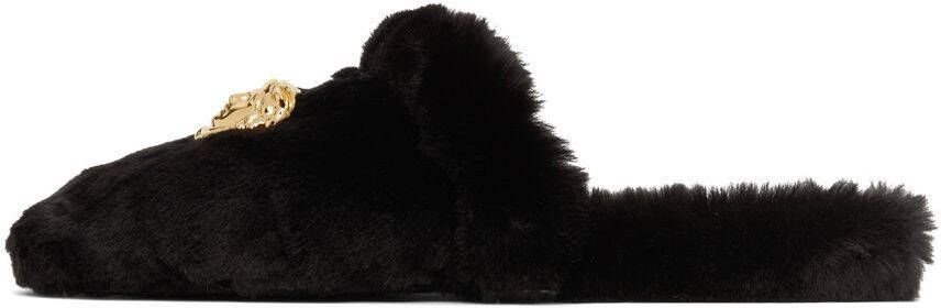 Versace Black Faux-Fur Palazzo Slippers