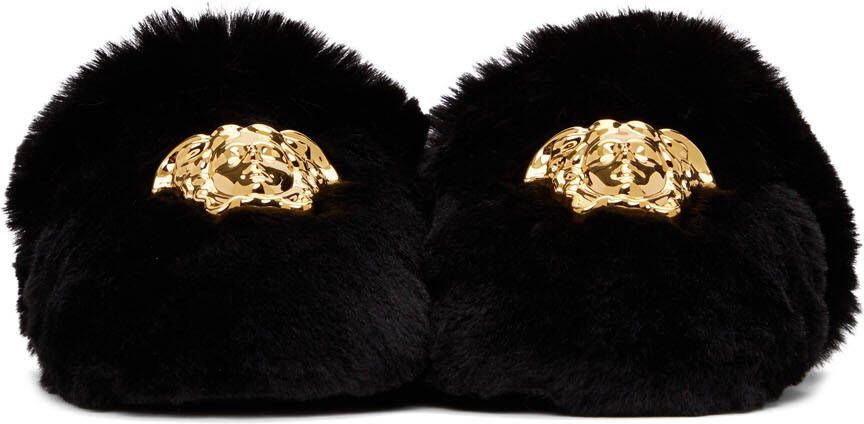 Versace Black Faux-Fur Palazzo Slippers