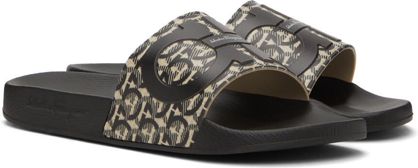 Salvatore Ferragamo Black & Beige Gancini Slides - Picture 2