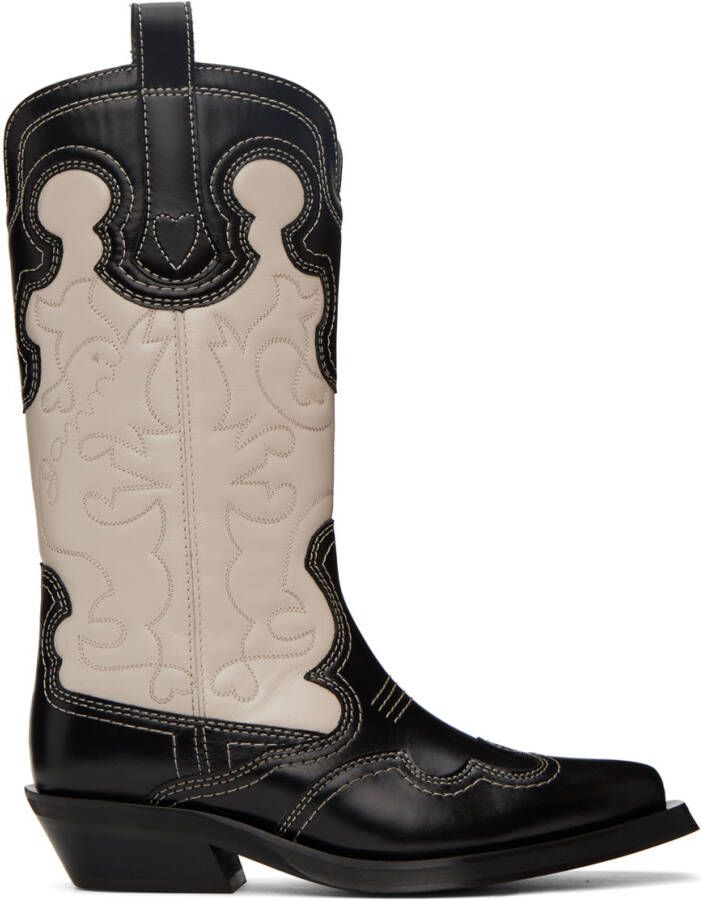 GANNI Black & Off-White Embroidered Western Mid-Calf Boots