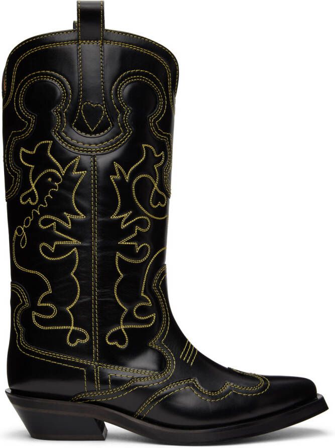 GANNI Black Embroidered Western Boots