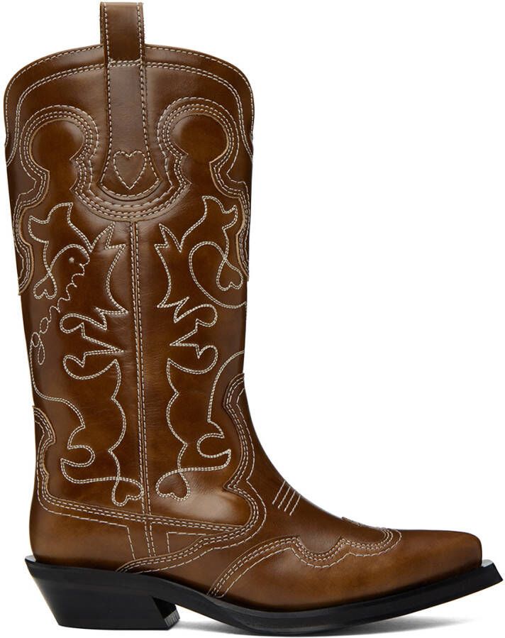 GANNI Brown Embroidered Western Boots