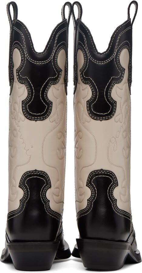 GANNI Black & Off-White Embroidered Western Mid-Calf Boots - Picture 3