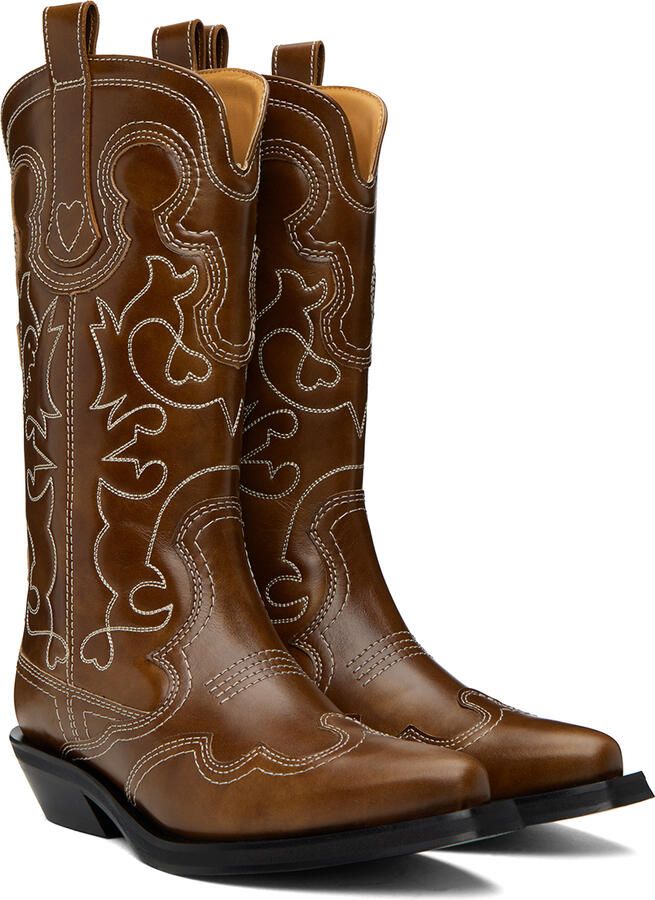 GANNI Brown Embroidered Western Boots - Picture 2