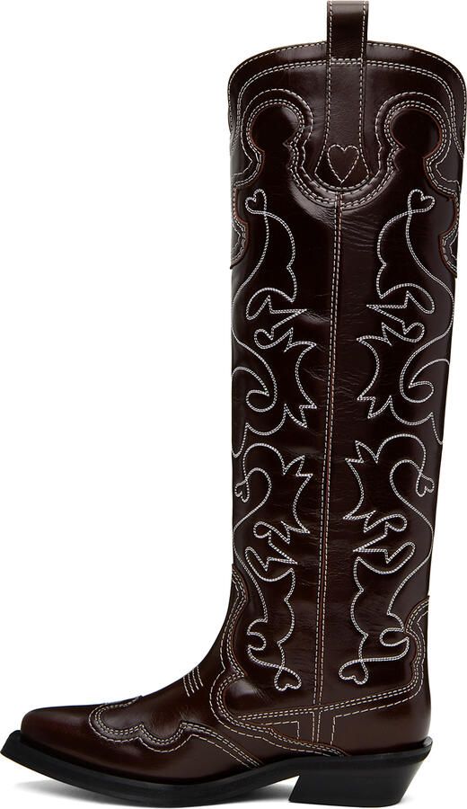 GANNI Burgundy Embroidered Western Boots