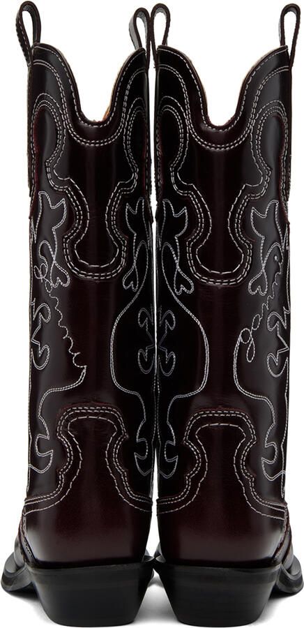 GANNI Burgundy Embroidered Western Boots - Picture 3
