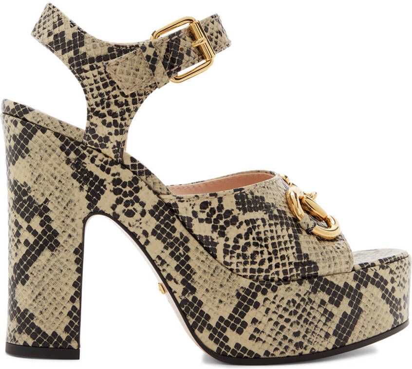 Gucci Beige & Brown Python Horsebit Heeled Sandals