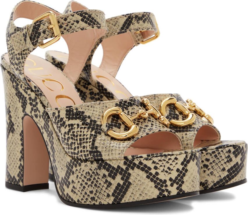 Gucci Beige & Brown Python Horsebit Heeled Sandals - Picture 2