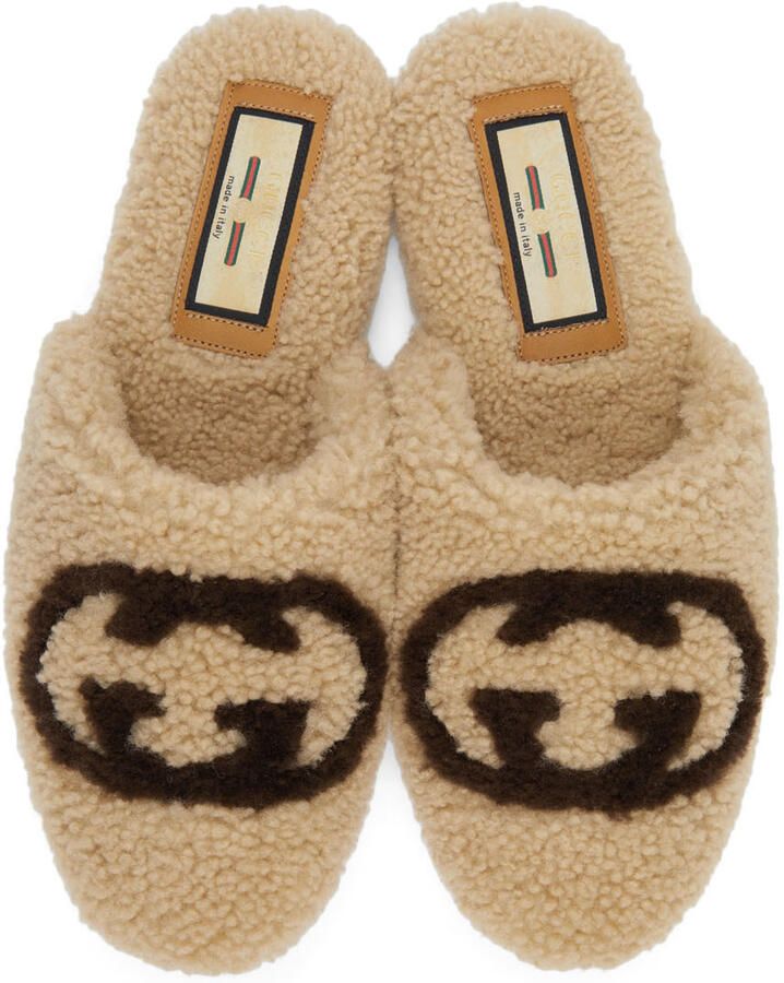 Gucci Beige Shearling Interlocking G Slippers