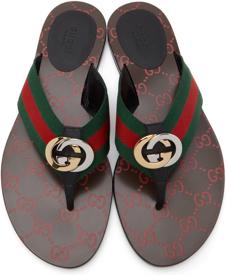 Gucci Black & Green GG Flat Sandals