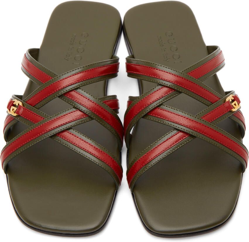 Gucci Khaki & Red Interlocking G Sandals
