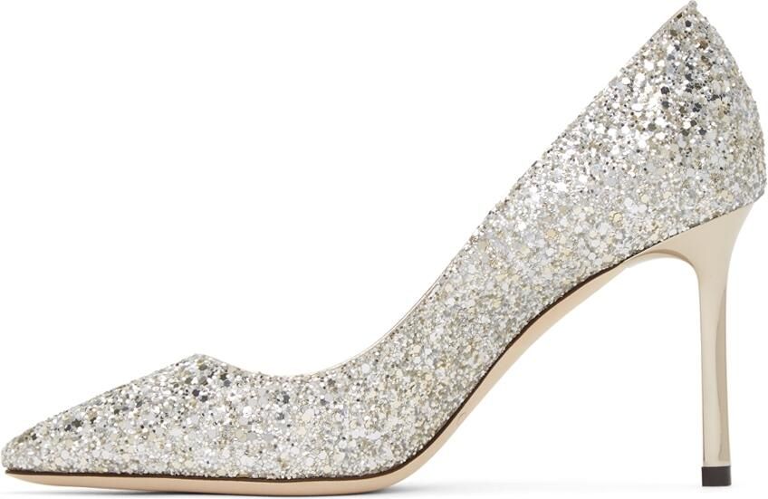 Jimmy Choo Silver Coarse Glitter Romy 85 Heels - Picture 4