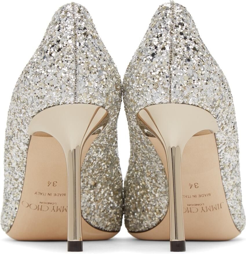 Jimmy Choo Silver Coarse Glitter Romy 85 Heels