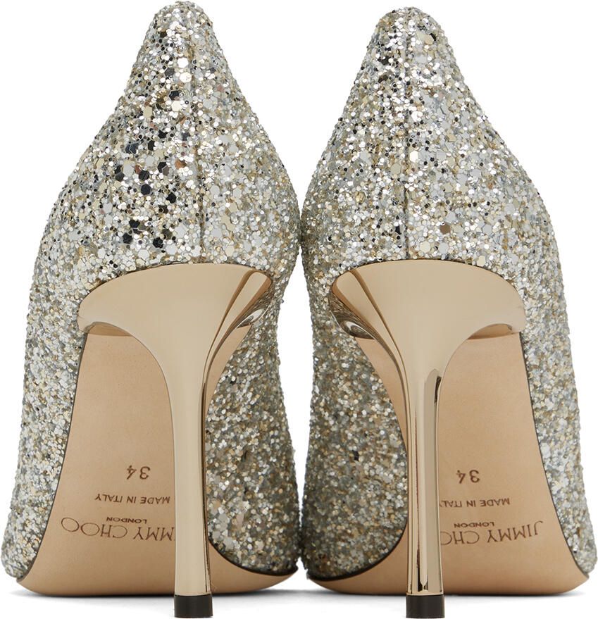 Jimmy Choo Silver Coarse Glitter Romy 85 Heels