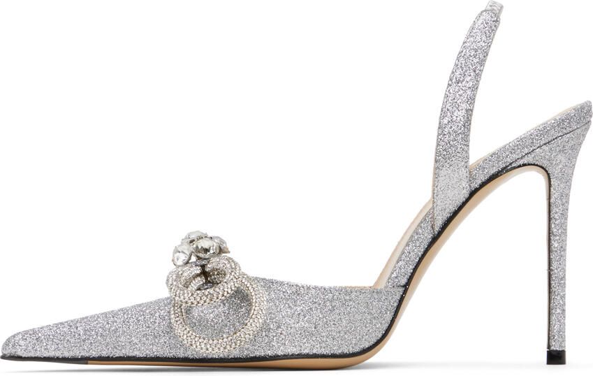 MACH & MACH Silver Double Bow Glitter 110 Heels - Picture 3