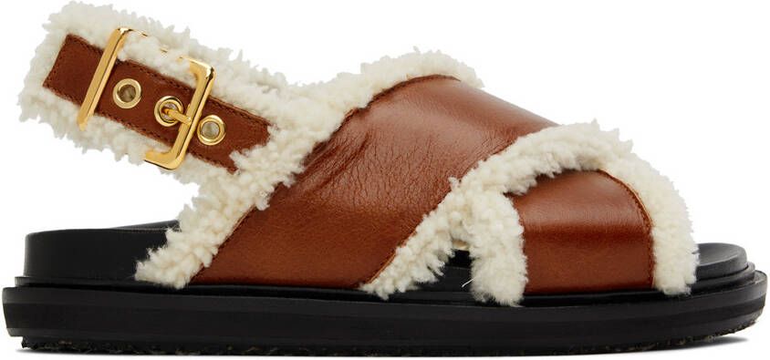 Marni Brown & Off-White Shearling Fussbett Sandals