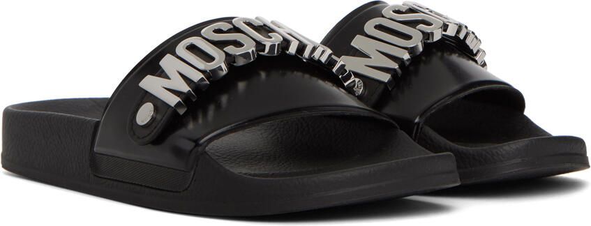 Moschino Black & Silver Lettering Pool Slides - Picture 2