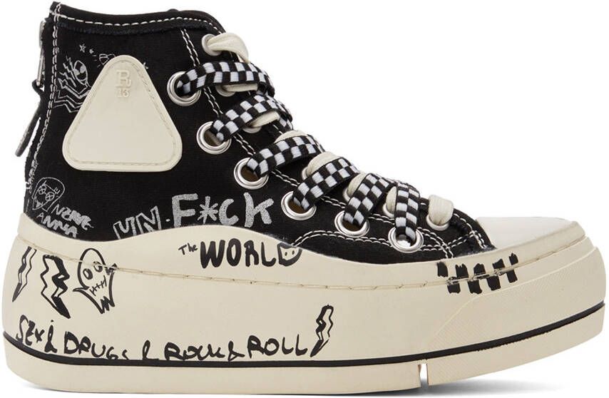 R13 Black Graffiti Double Grommet Kurt Sneakers