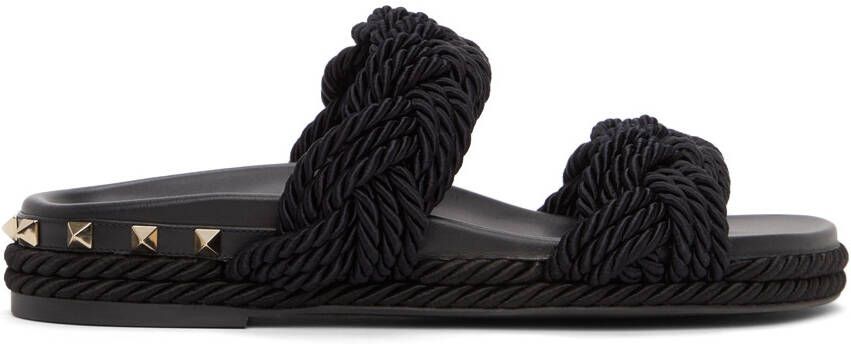 Valentino Garavani Black Rope Rockstud Flat Sandals