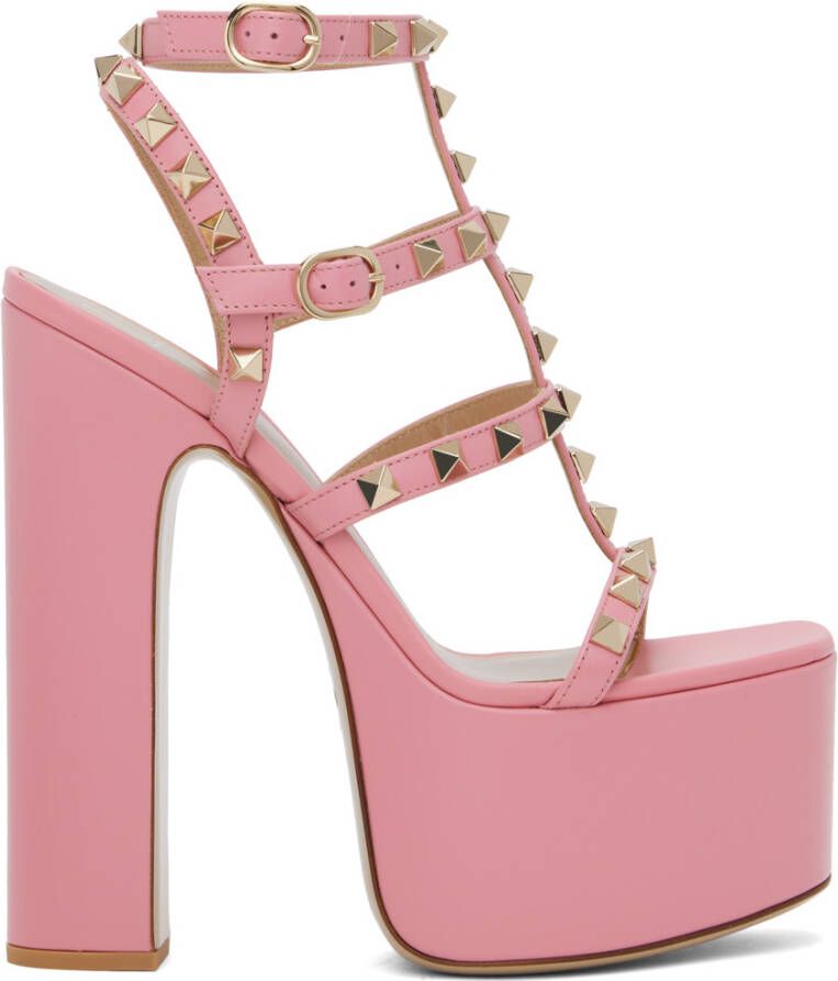 Valentino Garavani Pink Rockstud T-Strap Heeled Sandals