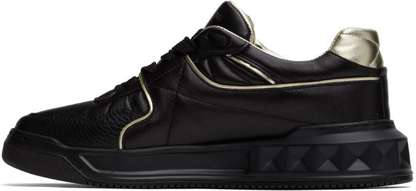 Valentino Garavani Black & Gold One Stud Low-Top Sneakers - Picture 3