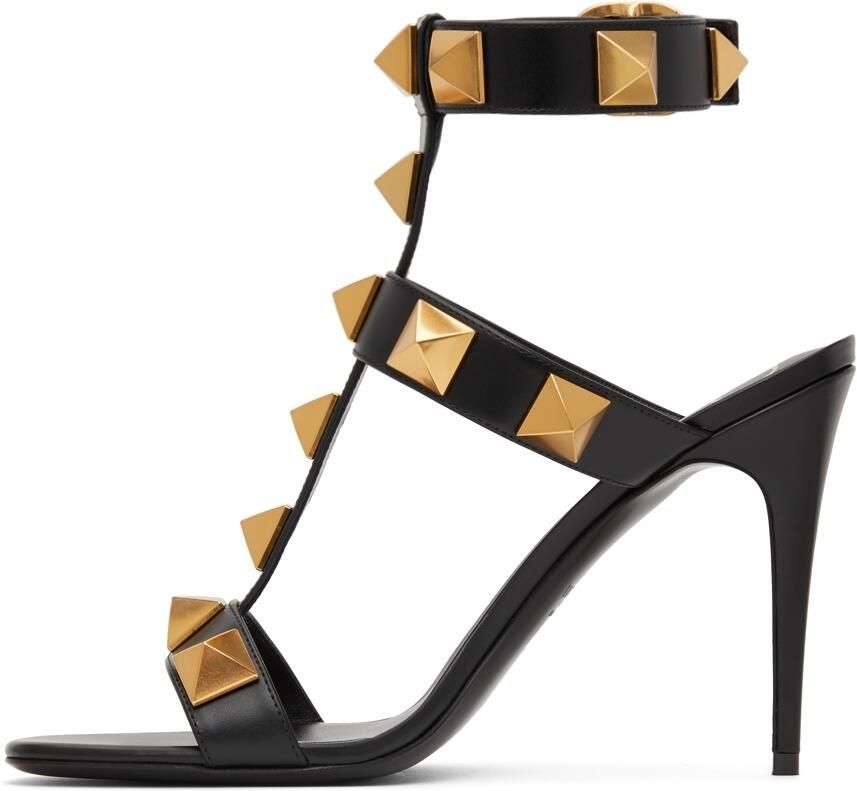 Valentino Garavani Black Calfskin Roman Stud 100 Heeled Sandals - Picture 3