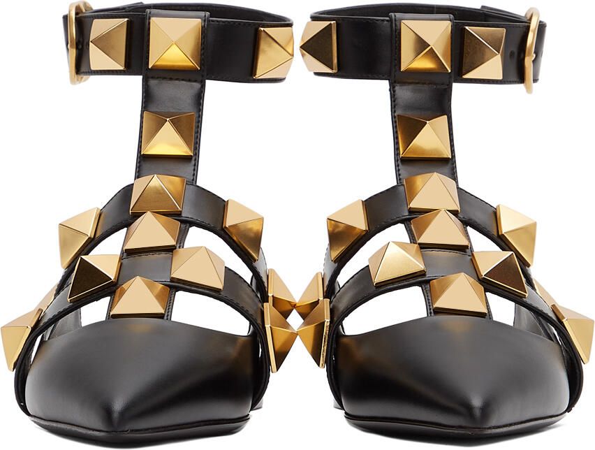 Valentino Garavani Black Leather Roman Stud Ballet Flats