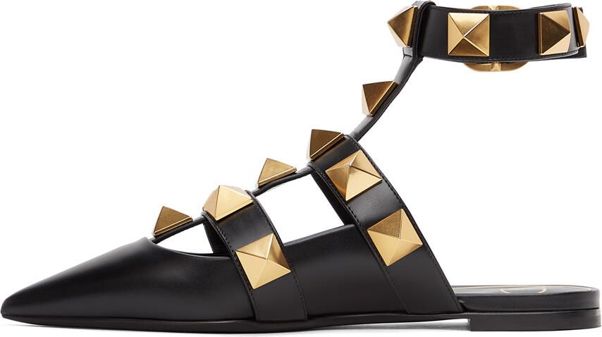 Valentino Garavani Black Leather Roman Stud Ballet Flats - Picture 4