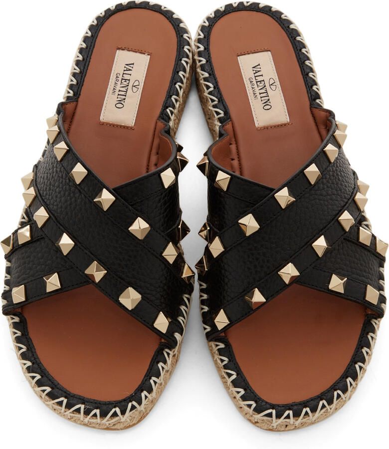 Valentino Garavani Black Rockstud Espadrille Slide Sandals