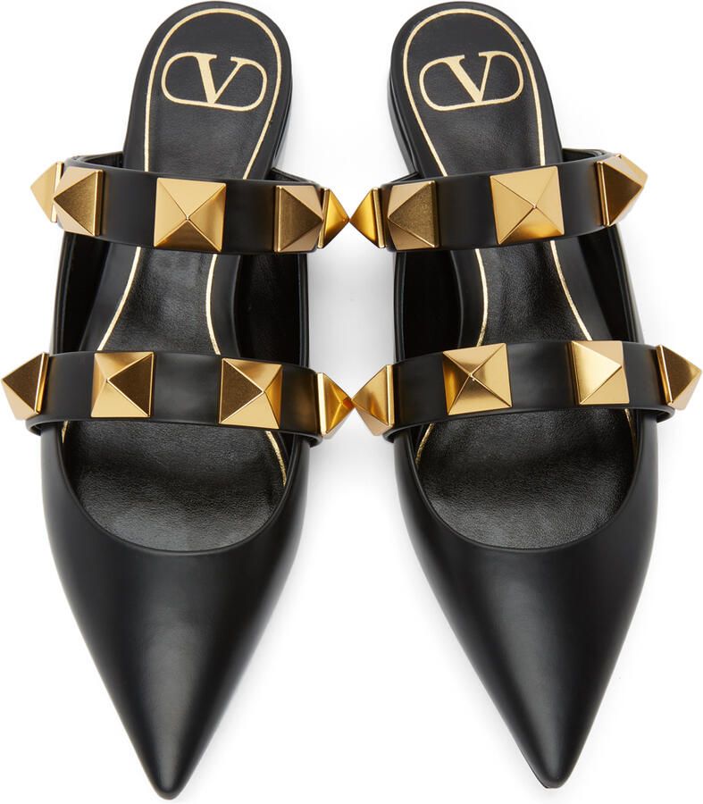 Valentino Garavani Black Roman Rockstud Strap Mules