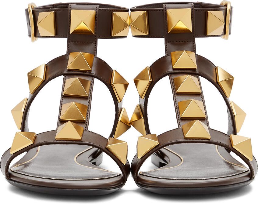 Valentino Garavani Brown Leather Roman Stud Flat Sandals - Picture 2