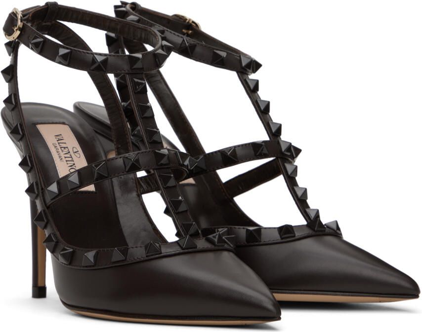 Valentino Garavani Brown Rockstud Ankle Strap Heels - Picture 2