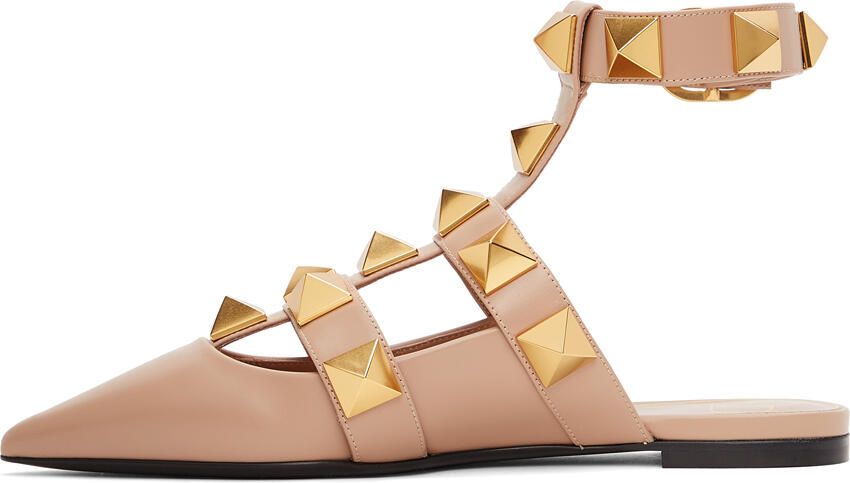 Valentino Garavani Taupe Leather Roman Stud Ballet Flats - Picture 4